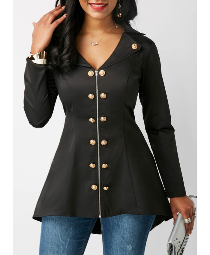 Notch Collar Button Embellished Zip Up Blouse